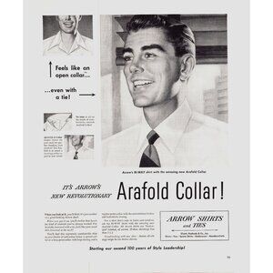 1951 Arrow Shirts and Ties Arafold Collar Vintage Print Ad Men's Shirt Wall Art